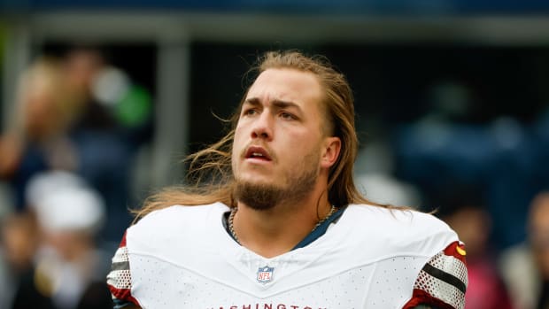 Washington Commanders center Nick Gates (63) participates in pregame warmups against the Seattle Seahawks at Lumen Field. Mandatory Credit: Joe Nicholson-USA TODAY Sports